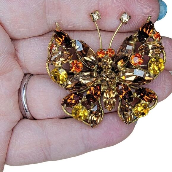 Vintage REGENCY Butterfly Brooch Aurora Borealis Citrine Rhinestones Brown Orang - Picture 3 of 7